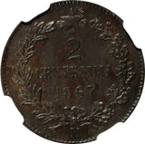 Italy Vittorio Emanuele II Copper 1867-M 2 Centesimi NGC MS61 BN KM# 2.1 (040)