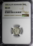Denmark Christian VIII Silver 1842 K//FF 3 Rigsbankskilling NGC MS64 KM# 729