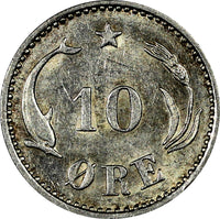 DENMARK Christian IX Silver 1894 VBP 10 Øre 1st Date Type.RARE DATE KM# 795.2