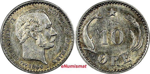 DENMARK Christian IX Silver 1894 VBP 10 Øre 1st Date Type.RARE DATE KM# 795.2(3)