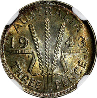 AUSTRALIA Silver 1943-D 3 Pence Threepence NGC MS64 Rainbow Toned KM# 37