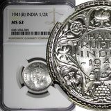 India-British George VI Silver 1941 (B) 1/2 Rupee Bombay NGC MS62 KM# 551 (045)