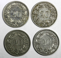 Switzerland LOT OF 4 COINS 1884-1908 (B) 20 Rappen HELVETICA VF-XF KM# 29(044)