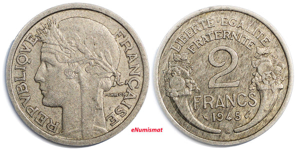 France Aluminum 1945 - C 2 Francs Key Date Toned 27mm KM# 886a.3 (4117)