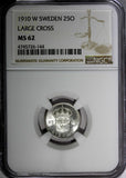 Sweden Gustaf V Silver 1910 W 25 Ore LARGE CROSS NGC MS62  KM# 785 (144)