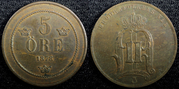 Sweden Oscar II Bronze 1878 5 Ore Mintage-364,000 SCARCE DATE KM# 736 (23 174)