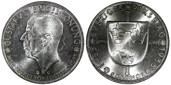 SWEDEN Silver 1935 5 Kronor 500th Anniversary of Riksdag UNC KM# 806 (22 916)