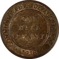 Australia George V Bronze 1919 1/2 Penny Sydney Mint aUNC KM# 22 (17 188)