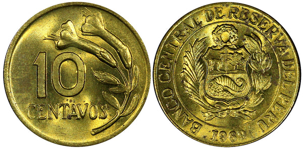 Peru Brass 1969 10 Centavos GEM BU KM# 245.2 (262)