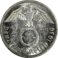 GERMANY-Third Reich Silver 1939 F 2 Reichs Mark  Hindenburg Issue KM# 93 (336)
