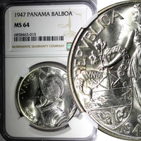 PANAMA Silver 1947 1 Balboa NGC MS64 Mintage-500,000 GEM BU COIN KM# 13 (015)