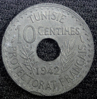 TUNISIA  Zinc 1942 10 Centimes WWII Issue KM# 267 (23 006)