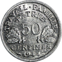 France  Aluminum 1944 50 Centimes WWII Issue BETTER DATE BU KM# 914.1 (15 293)