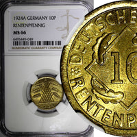 Germany 1924 A 10 Reichspfennig NGC MS66 TOP GRADED BY NGC  KM# 40 (049)
