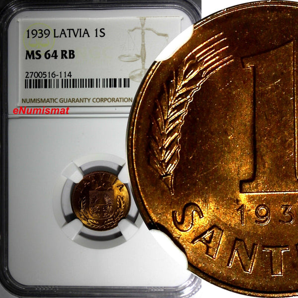 LATVIA Bronze 1939 1 Santims NGC MS64 RB Nice Red Toning BU KM# 10 (114)