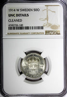 SWEDEN Gustaf V Silver 1914 W 50 Ore NGC UNC DETAILS SCARCE DATE KM# 788 (140)