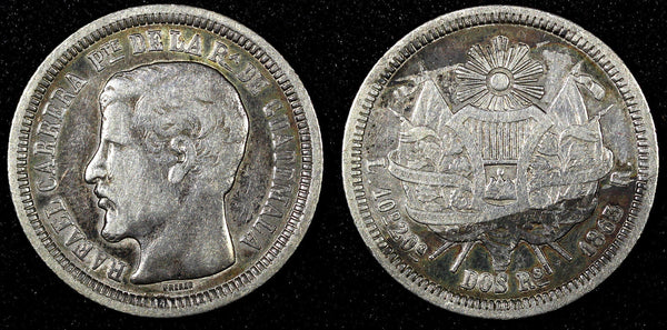 GUATEMALA Silver 1863 R 2 Reales Rafael Carrera Mintage-173,094 KM# 139 (22 740)
