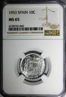 SPAIN Aluminum 1953 10 Centimos NGC MS65 LAST YEAR FOR TYPE .TOP GRADED KM# 766