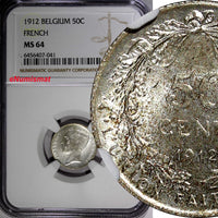 Belgium Albert I Silver 1912 50 Centimes French NGC MS64 Toned KM# 70 (041)