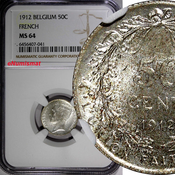 Belgium Albert I Silver 1912 50 Centimes French NGC MS64 Toned KM# 70 (041)