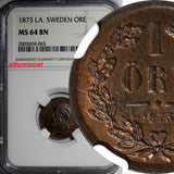SWEDEN Oscar II Bronze 1873 LA. 1 Ore NGC MS64 BN VARIETY ONE DOT LA.  KM# 728