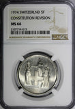Switzerland 1974 5 Francs NGC MS66 Revision of Constitution TOP GRADED KM#52(5)
