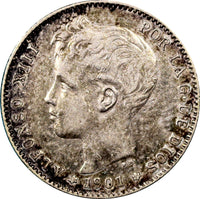 Spain Alfonso XIII SILVER 1901 (01) SM-V Peseta Light Toning Nice  KM# 706 (10)