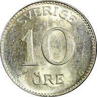 SWEDEN Gustaf V Silver 1936 G 10 Öre Long"6" ch.UNC KM# 780 (22 139)