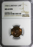 Great Britain George VI Bronze 1944 Farthing NGC MS63 BN KM# 843