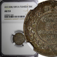 Tunisia Ali III Silver 1309(1891) A 50 Centimes 1st Year Type NGC AU53 KM#223(3)