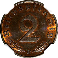 Germany-Third Reich Bronze 1940 E 2 Reichspfennig NGC MS64 BN KEY DATE KM#90(18)