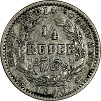 India-British Victoria Silver 1840 1/4 Rupee KM# 454.2 (19 331)