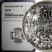 Bulgaria Ferdinand I Silver 1913 50 Stotinki NGC AU58 KM# 30 (013)