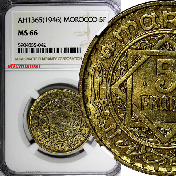 Morocco Mohammed V AH1365 (1946) 5 Francs NGC MS66 GEM BU  Y# 43 (042)