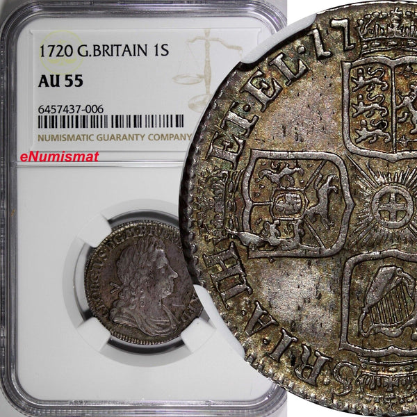 Great Britain George I Silver 1720 1 Shilling NGC AU55 26mm Toning KM# 539.2 (6)