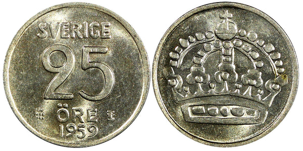 Sweden Gustaf VI Silver 1959 TS 25 Öre GEM BU COIN KM# 824 (22 018)