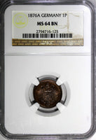 Germany - Empire Wilhelm I 1876 A 1 Pfennig NGC MS64 BN TOP GRADED KM# 1 (125)