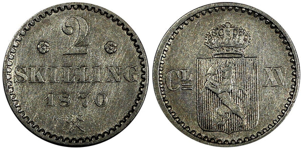 Norway Carl XV Silver 1870 2 Skilling with rosettes XF  KM# 336.1 (20 703)