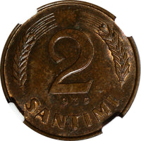 LATVIA Bronze 1939 2 Santimi NGC MS64 BN 1 YEAR TYPE Mint Luster KM# 11.2 (89)