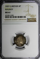 Great Britain Edward VII Silver 1907 4 Pence NGC MS61 Nice Toning KM# 798 (083)