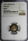 Great Britain Edward VII Silver 1907 4 Pence NGC MS61 Nice Toning KM# 798 (083)