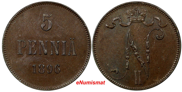 Finland Russian Nicholas II Copper 1896 5 Pennia First Date SCARCE KM# 15 (9402)