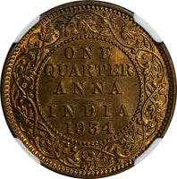 India-British George V Bronze 1934 (C) 1/4 Anna NGC MS65 RB NICE RED KM# 512/111