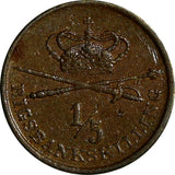 Denmark Christian VIII Copper 1842 FF 1/5 Rigsbankskilling 1 YEAR TYPE VF KM#723