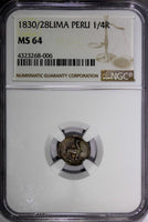 PERU Silver 1830/28 1/4 Real OVERDATE NGC MS64 RAINBOW TONED KM# 143.1(006)