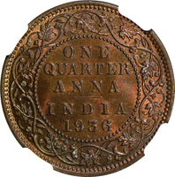 India-British George V Bronze 1936 (C) 1/4 Anna NGC MS65 BN LAST DATE KM#512/013