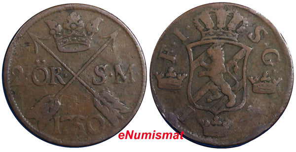 Sweden Frederick I 1750 2 Ore, S.M.Slant 5 Low Mintage-353,000 Brown KM#437 (04)