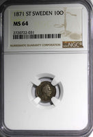 Sweden Carl XV Adolf Silver 1871 S.T. 10 Ore NGC MS64 Nice Toned KM# 710 (031)