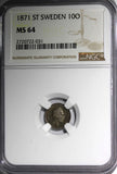 Sweden Carl XV Adolf Silver 1871 S.T. 10 Ore NGC MS64 Nice Toned KM# 710 (031)