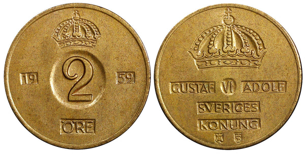 Sweden Gustaf VI Bronze 1959 TS 2 Ore GEM BU Toned KM# 821 (21 953)